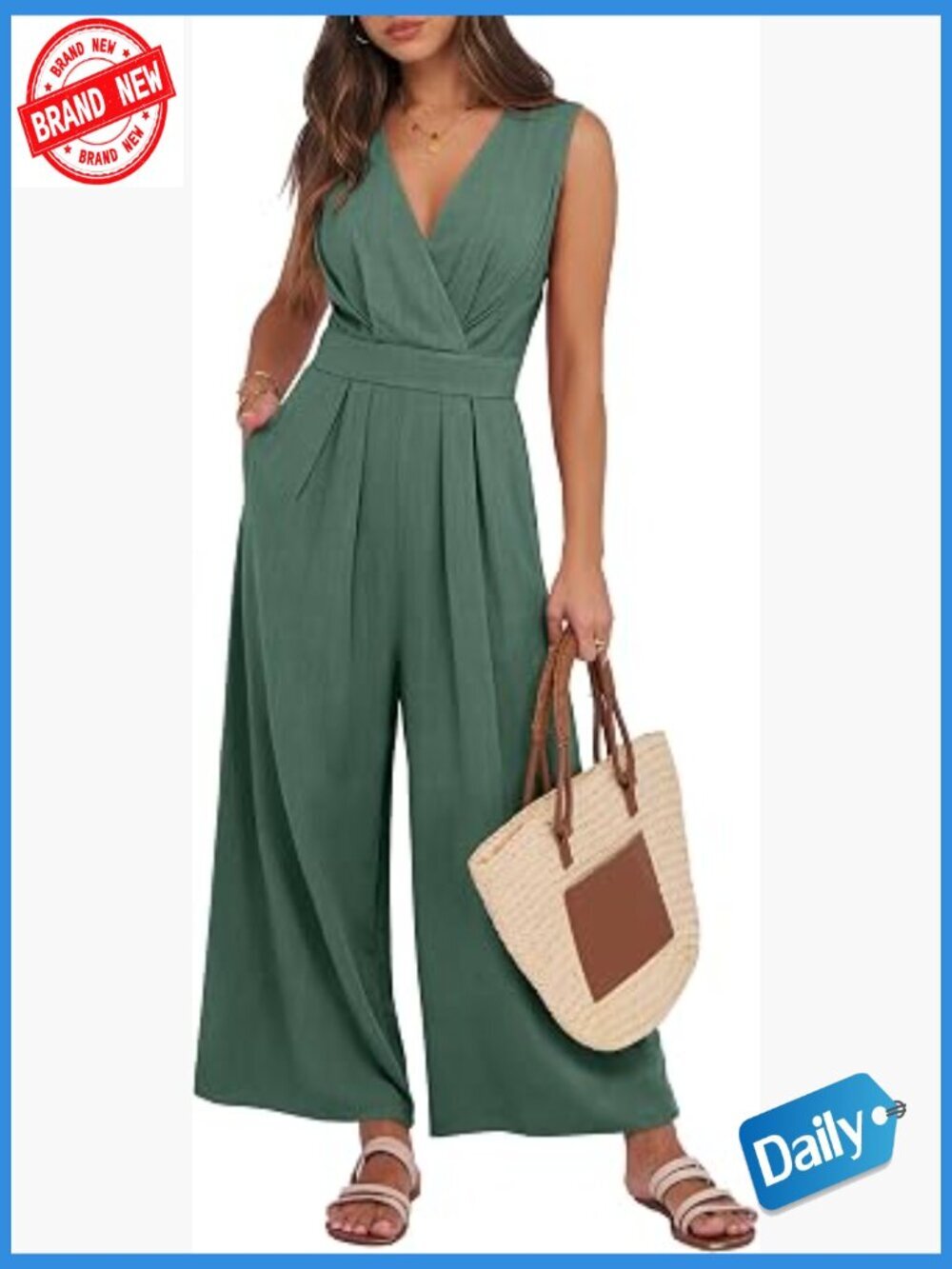Sleeveless V Neck Jumpsuit Romper Linen Rayon Casual Summer Outfit